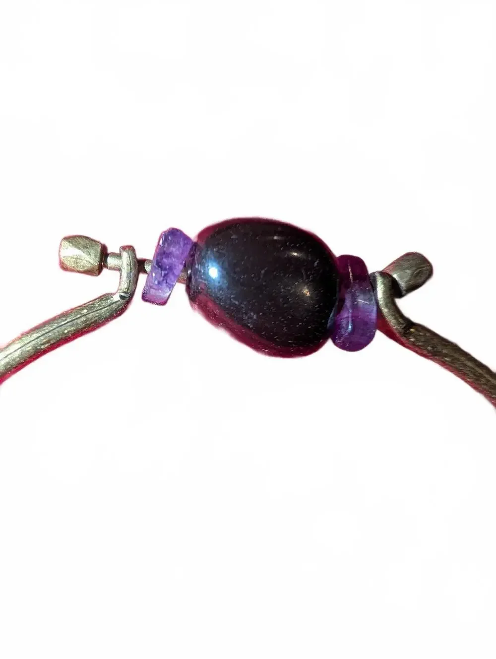 Vintage Brass Adjustable Bangle Bracelet with Purple and Black Stone Beads